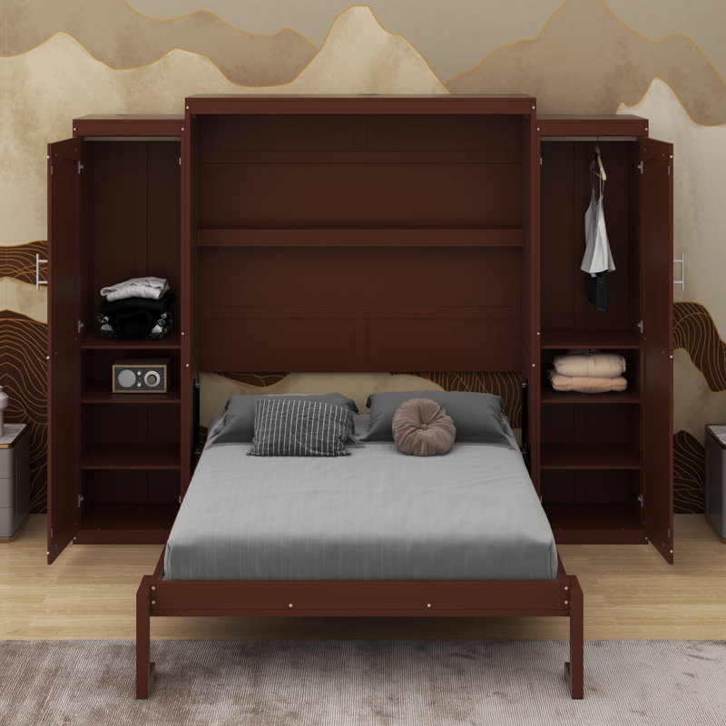 Lit escamotable double avec garde-robe et tablette de rangement, Noyer, Lit double