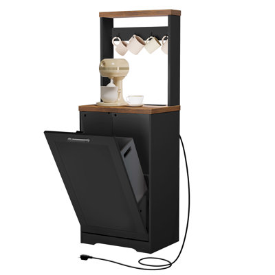 Tilt Out Trash Cabinet with Charging Station, Kitchen Trash Bin Cabinet with Storage and Mug Organizer, 10 Gallons Wooden Recycling Cabinet, Hidden Garbage Cabinet