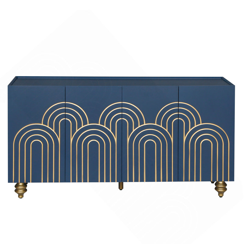 Buffet Buffet moderne cannelé avec rangement, élément courbe avec lignes strictes, armoire de rangement à 4 portes avec tablettes réglables pour la cuisine, la salle à manger et le salon (bleu marine)