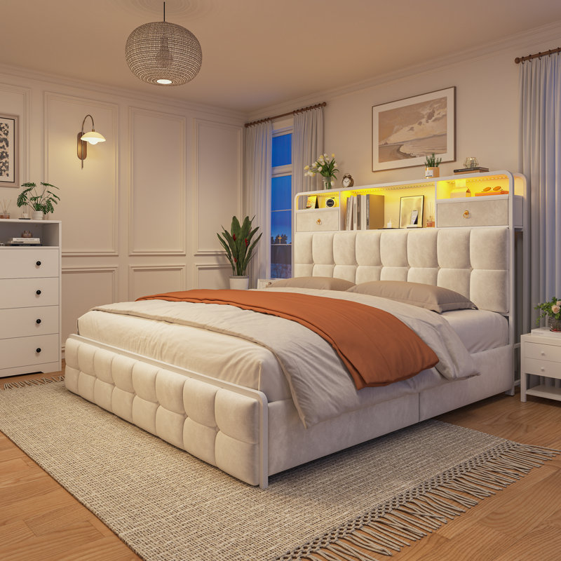 Lit tapissier , Beige, Grand lit