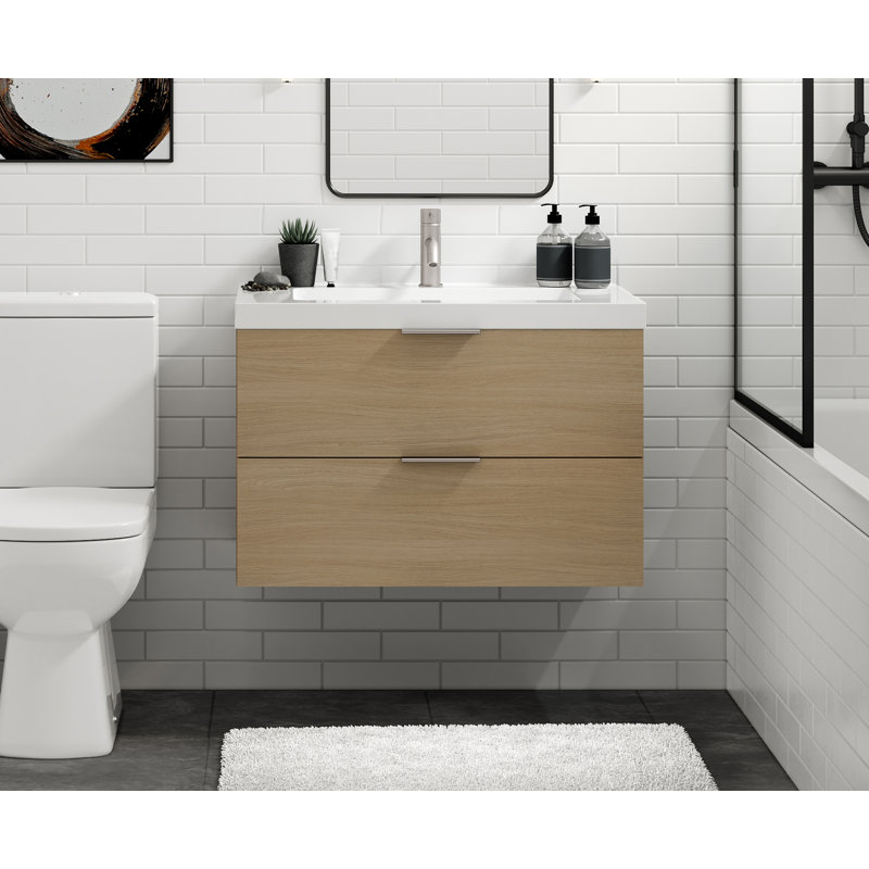 Avila 30" W Wall Mounted Single Bathroom Vanity, Matte White/8" Widespread, Nocino, Polished Nickel