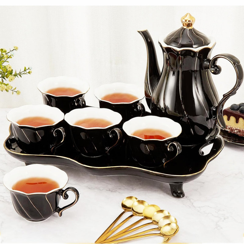 Luxury Black Porcelain Tea Set with Golden Trim, 14 Pieces