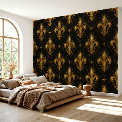 Wall Mural Peel and Stick Wallpaper seamlessly tiling golden fleur de lis dark for luxury designs for gift Self-Adhesive Removable Contact Paper Wall Decor for Living Room Bedroom 69"H x 96"W