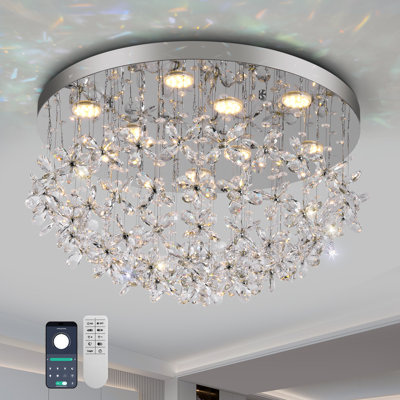 Modern Crystal Flower Flush Mount Ceiling Light, 24” Round LED Dimmable Ceiling Chandelier With APP & Remote Control, Adjustable 3-Color Lighting For Bedroom, Living Room, Dining Room