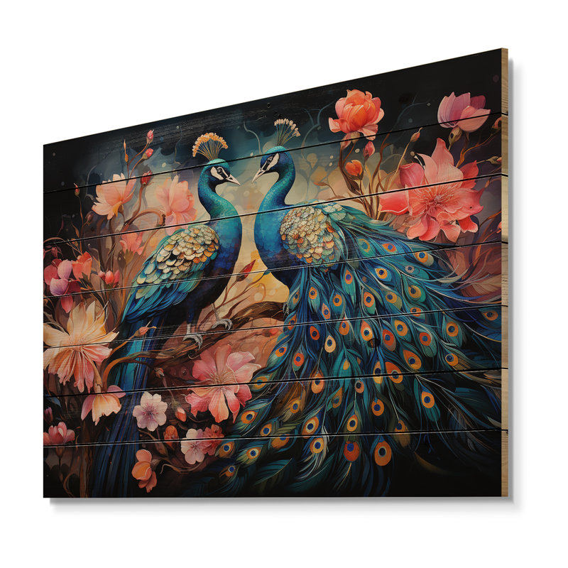 «Blue Coral Indian Art Dancing Peacocks II», reproduction sur bois sans cadre, H 24 po x l 32 po x P 0,78 po