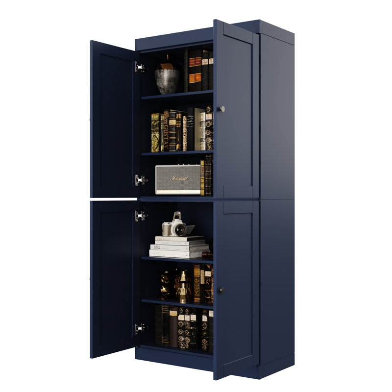 Bibliothèque 100% bois massif à 6 tablettes, portes Shaker, tablettes réglables, 32 po de largeur, 71,5 po de hauteur, Marine