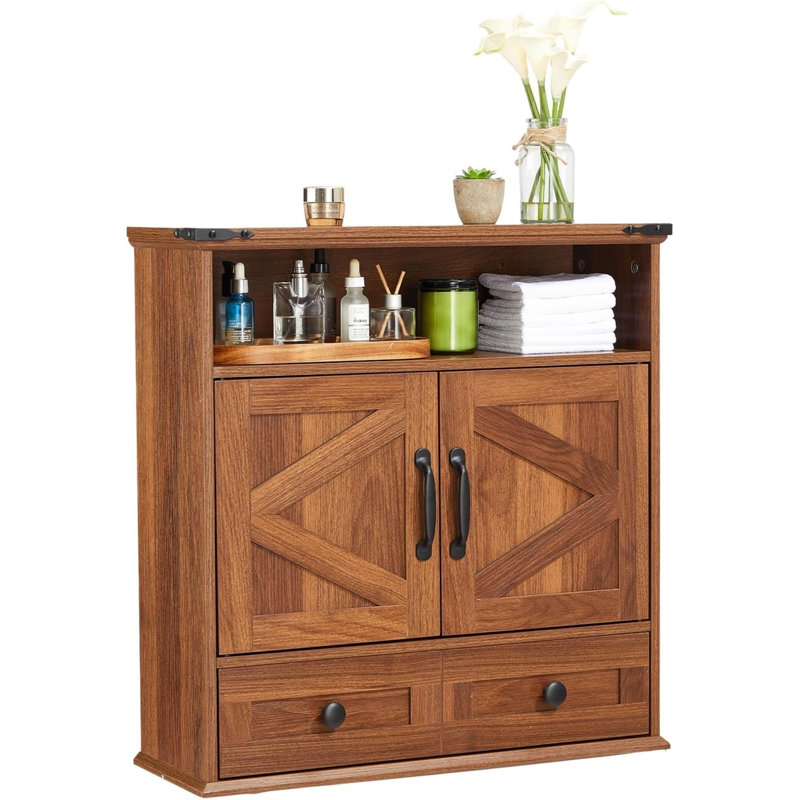 Armoire à pharmacie murale avec tablettes réglables, portes de grange doubles et tiroir amovible - Armoire de rangement rustique pour salle de bain, salle de bain, cuisine, couloir