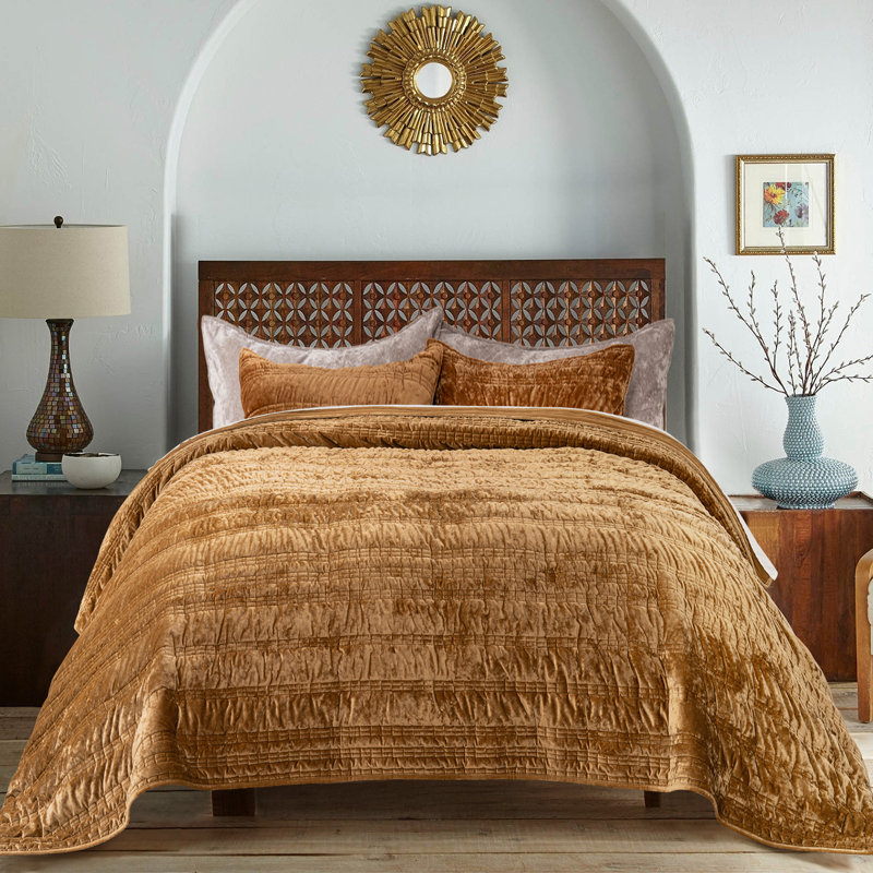 Ruched Crushed Velvet Quilt Set, King Quilt  + 2 King Shams, Gold Yellow