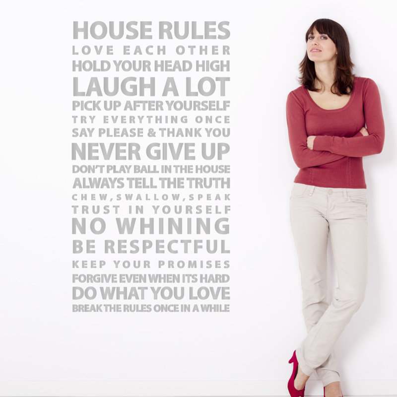 Décalcomanie murale citation "house rules", Argent, H 48 po x l 26 po x P 0,01 po