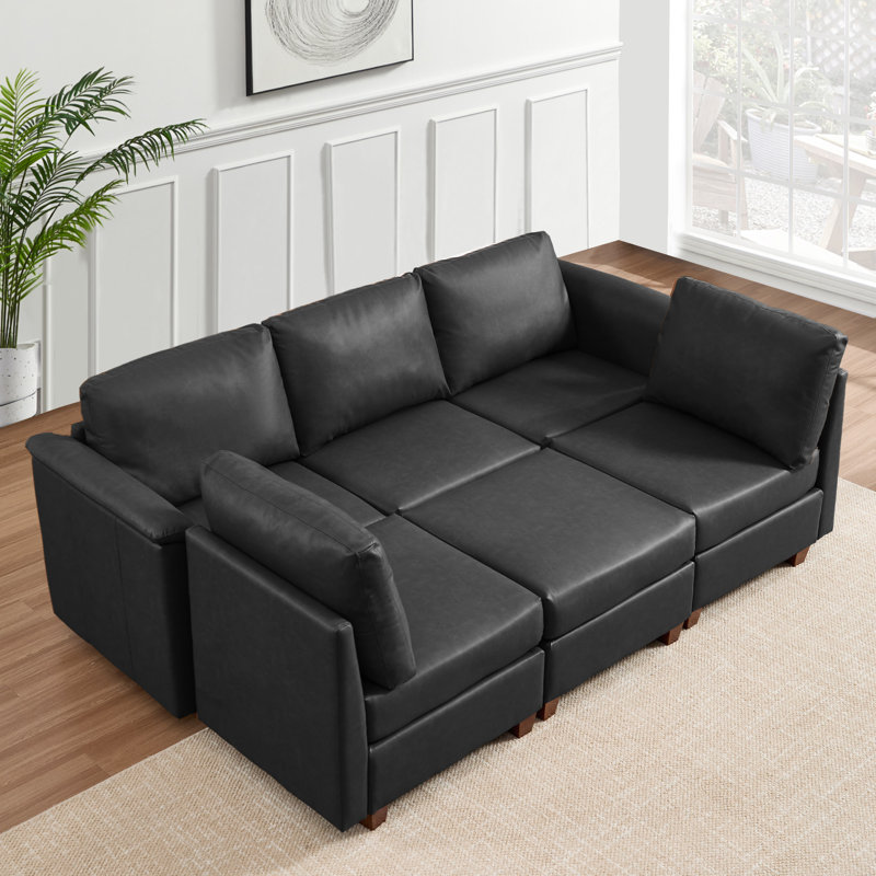 Canapé modulaire rembourré 6 pièces 6 pièces, Similicuir gris, Bois brun