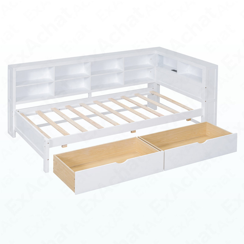 Wooden Twin Size Daybed With 2 Drawers, Daybed With Storage Shelf And USB Charging Ports,White, Twin