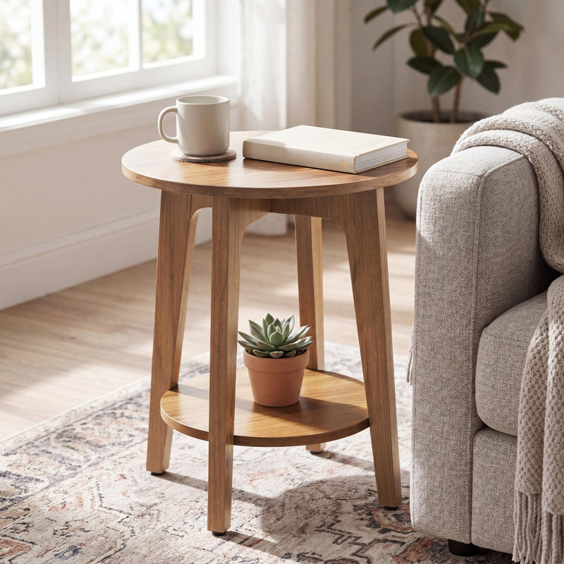 Table d'appoint ronde avec tablette inférieure, table de bout pour les petits espaces, table de chevet pour le salon, chambre à coucher, noyer rustique