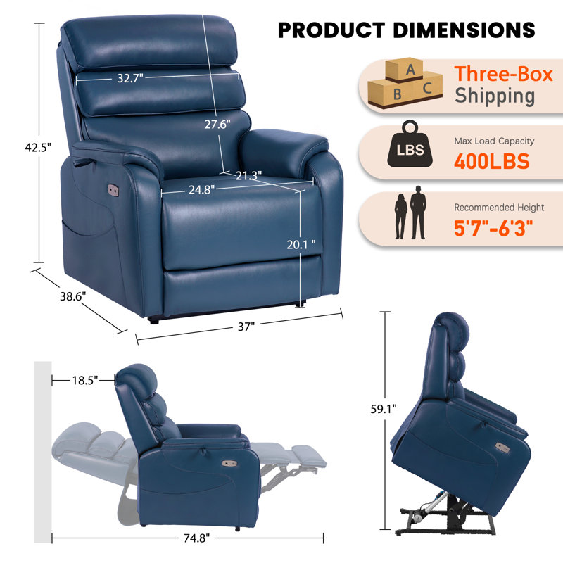  Large Lay Flat Power Lift Recliner Chair for Elderly, Oversized Electric Lift Chairs, 400lbs Heavy Duty Power Recliner with Heat and Massage, SLRY022063, Navy Blue