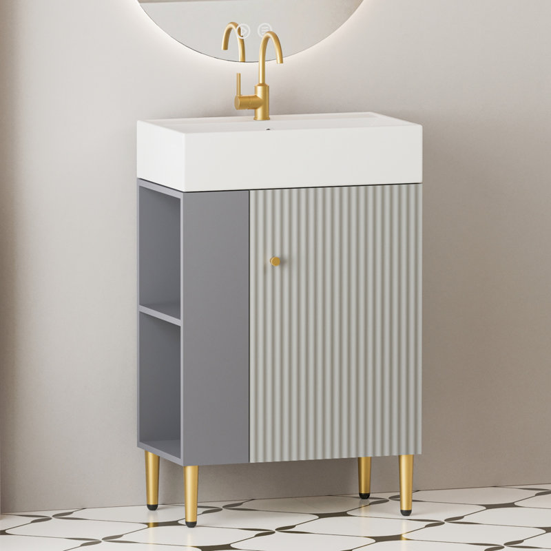 Meuble-lavabo à tablettes ouvertes de 21,6 po avec lavabo en céramique et porte à fermeture en douceur, armoire de rangement à tablettes ouvertes sur le côté gauche, assemblage requis, meuble-lavabo