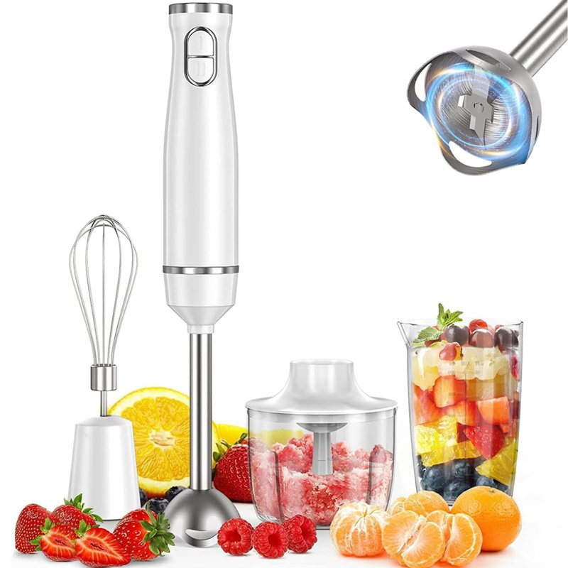 PHISINIC Immersion Blender 5 Piece Set with 16.9OZ Food Chopper,20.3OZ Container,Egg Whisk,Electric Hand Blender 300 Watt 2 Mixing Speed,White