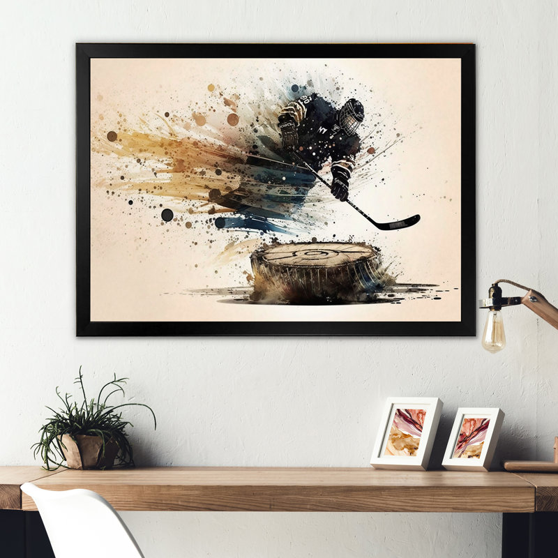 Joueur de hockey frappant une rondelle, Impression noire sur toile encadrée, H 12 po x l 20 po x P 1 po