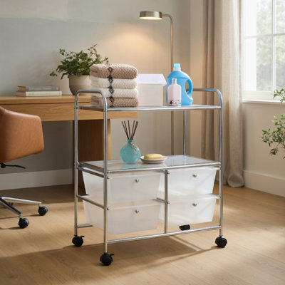  Chariot de rangement roulant à 4 tiroirs avec tablettes ouvertes à 2 niveaux, fabrication robuste en PP et en métal, roues verrouillables, idéal pour la cuisine, la salle de bain, le bureau et l'atelier, transparent