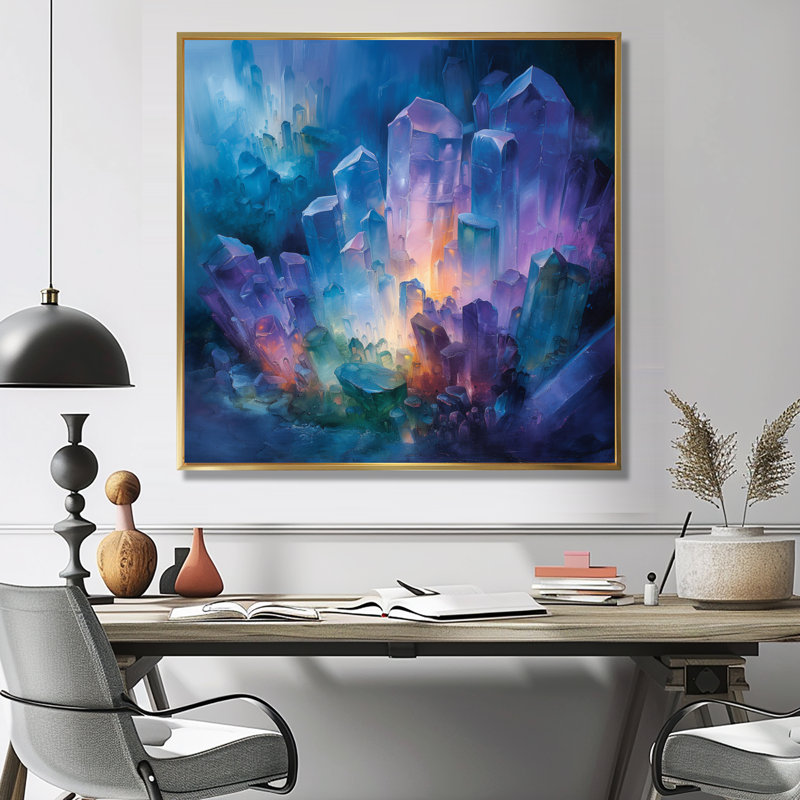 Décoration murale grottes de cristal mauve bleu - Spiritual Stone, Cadre flottant doré, H 36 po x l 36 po