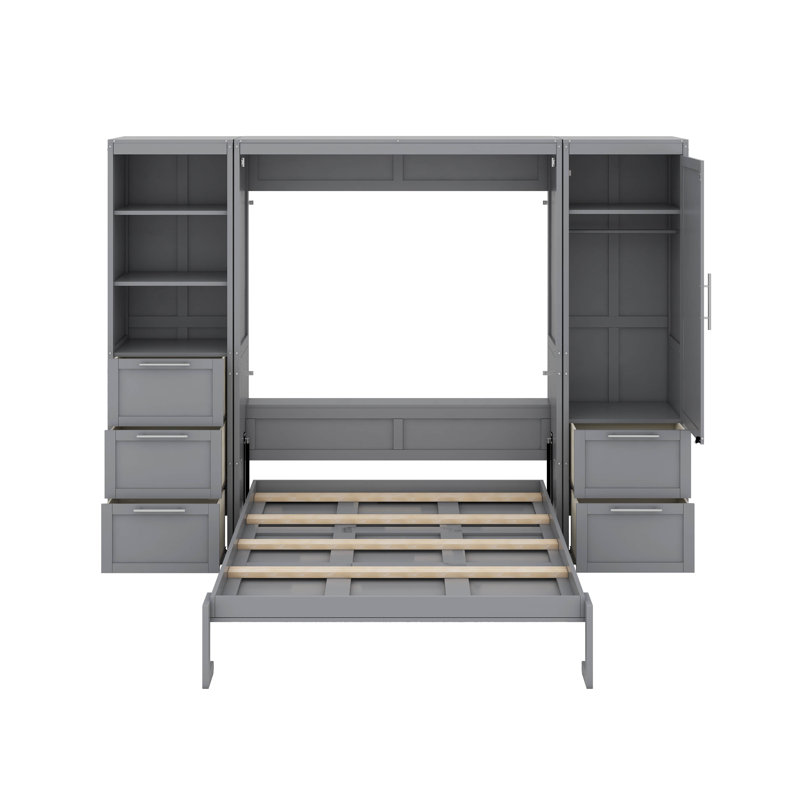 Grand lit escamotable avec tiroirs et tablettes, gris