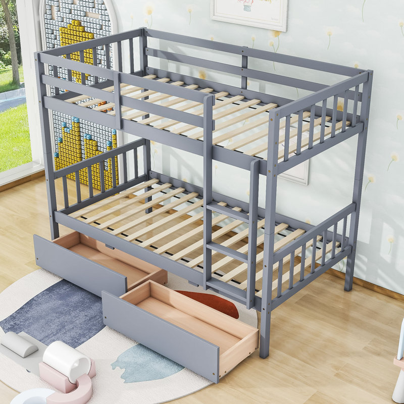 Lit superposé en bois 2 tiroirs avec échelle, gris, Simple sur simple