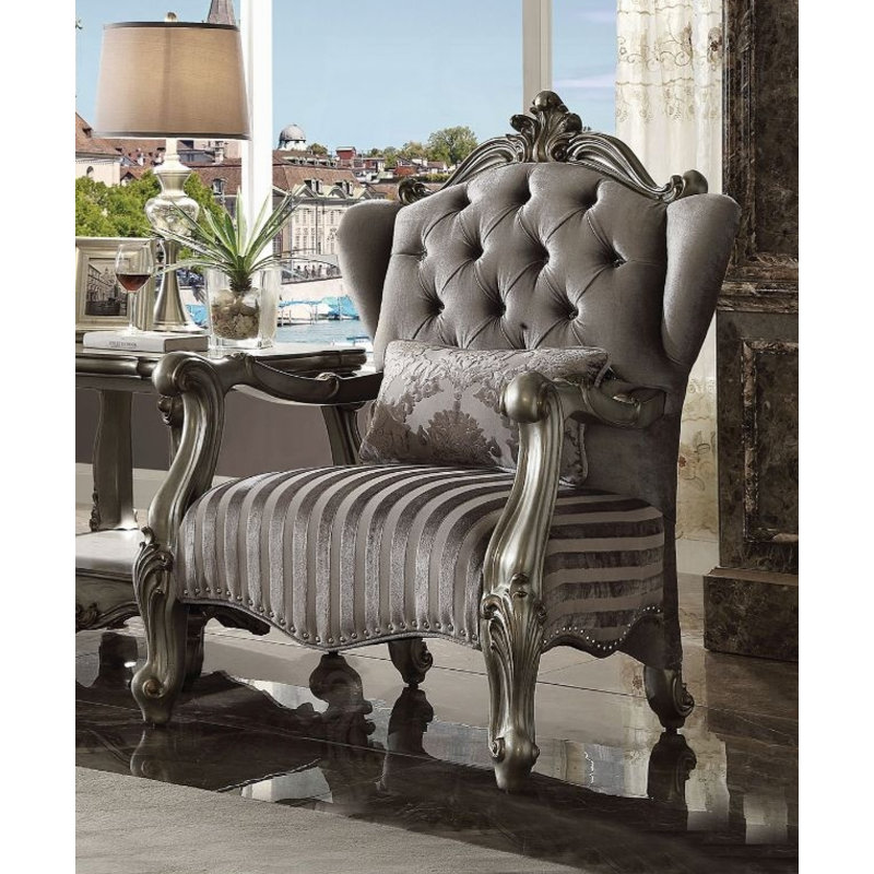 Thebes Upholstered Wingback Chair, Gray Velvet, Antique Platinum, Antique Platinum