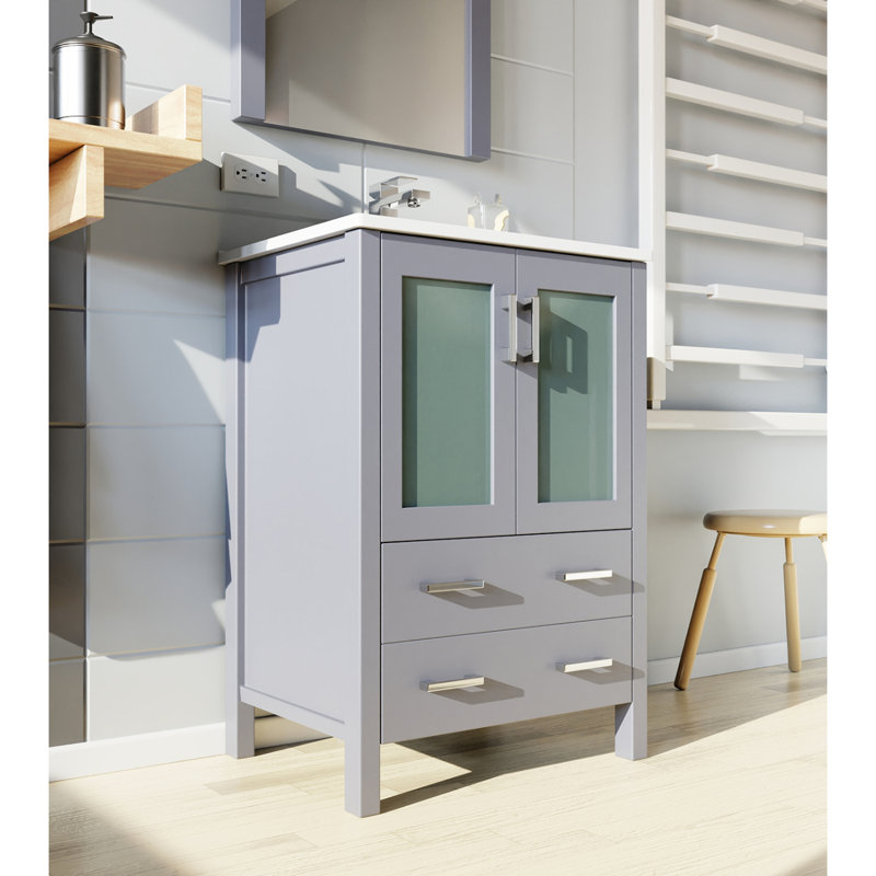 Meuble-lavabo gris foncé 24 po X P 18,25 po D, avec plateau en céramique blanche
