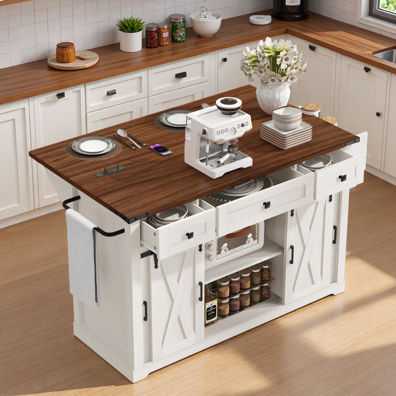 Farmhouse Kitchen Island with Storage, Sliding Barn Door & Metal Grid Side Door, White