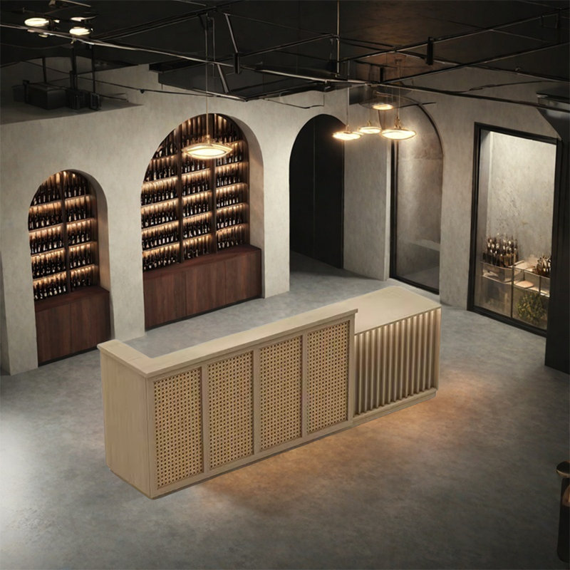 Vintage Bar Counter with Wine Storage, Lockable Drawers & Glass Hooks, Burlywood