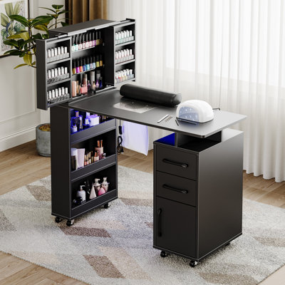 Professional Manicure Table Nail Desk with Lockable Swivel Casters, Side Display Cabinet, Expandable 4-Tier Sliding Storage, Built-in Dust Collector, LED Light Strip & Wrist Cushion