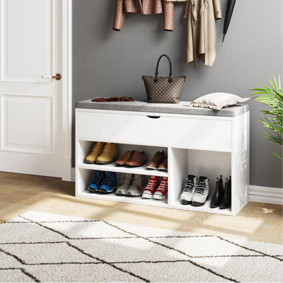 Banc de rangement pour chaussures d'entrée avec siège à coussin, boîte de rangement à plateau relevable et étagère à chaussures à 2 niveaux, banc de vestibule en bois pour couloir, chambre à coucher, blanc