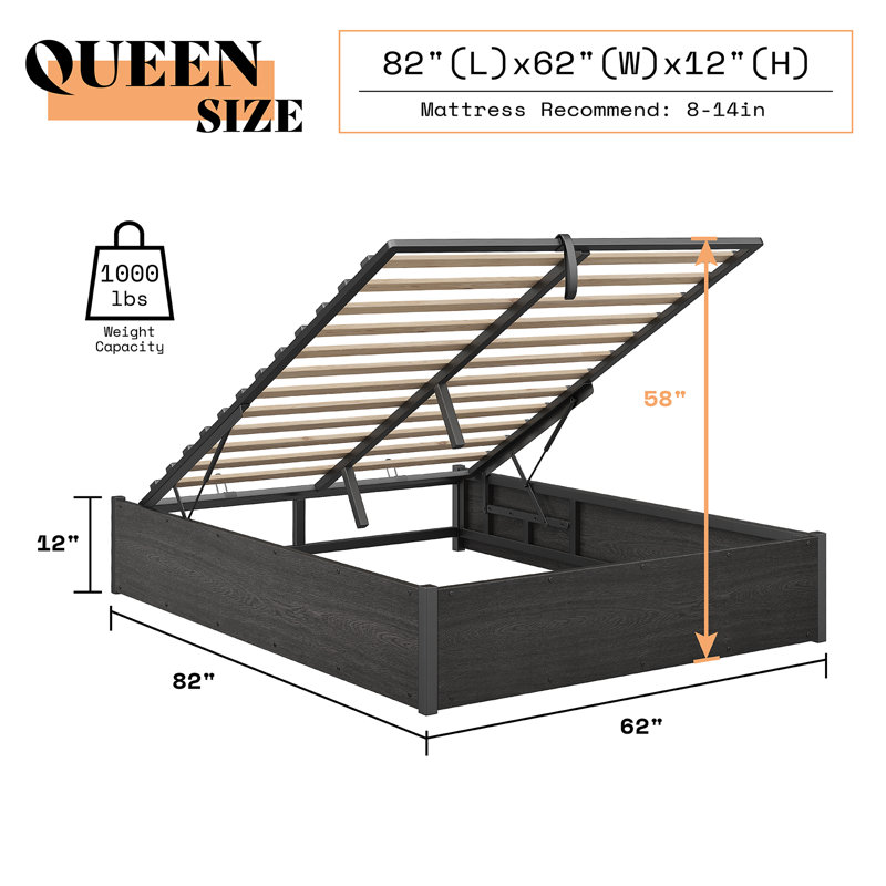 Shila Lift Up Storage Bed, Queen, Black