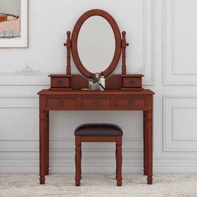 Ensemble de coiffeuse avec miroir à angle réglable, ensemble de coiffeuse et tabouret rembourré avec doublure en velours 5 tiroirs