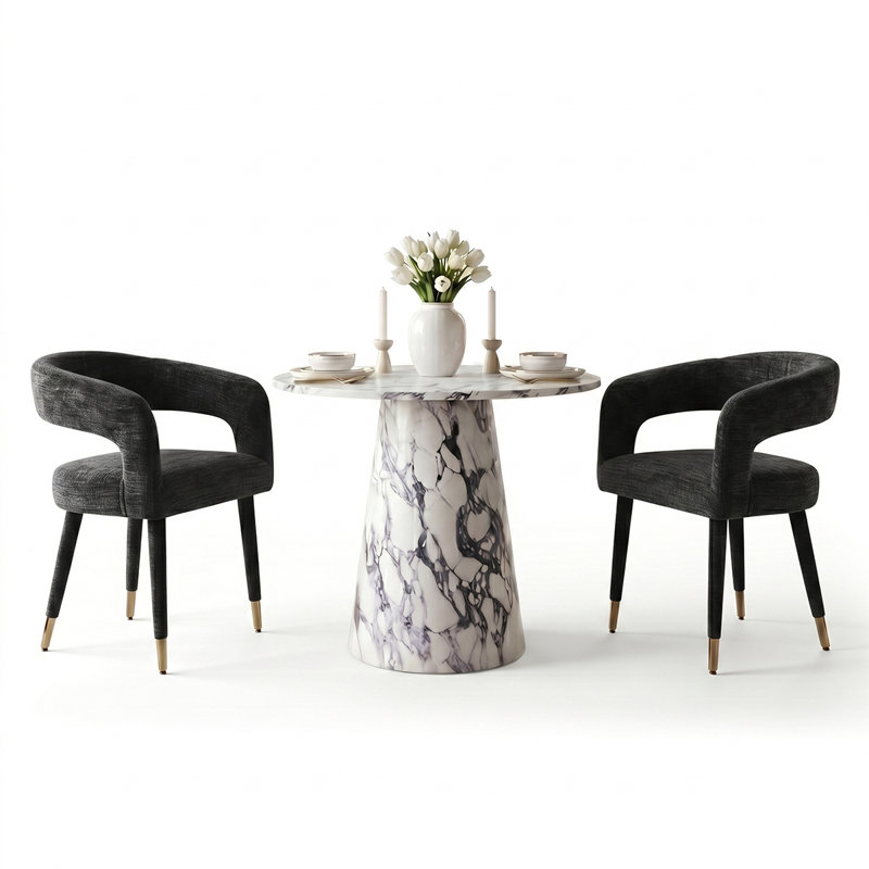 Modern 35" Faux Marble Round Dining Set For 2 With Upholstered Arm Chairs, Black