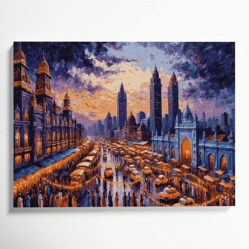 Art urbain sur toile brun, "Cities Mumbai India", H 20 po x l 30 po