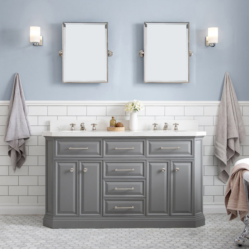 Meuble-lavabo de comptoir en marbre Bruning Carrara, L 60 po, Gris cachemire, Or satiné