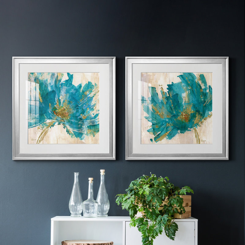 «Blue Infusion I», ensemble de 2 reproductions d'art encadrées, H 17,5 po x l 35 po x P 1,5 po, Papier avec cadre argenté