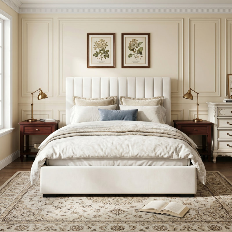 Lit plateforme moderne capitonné en velours avec tête de lit extra-haute et tiroirs de rangement, Queen, crème, Grand lit