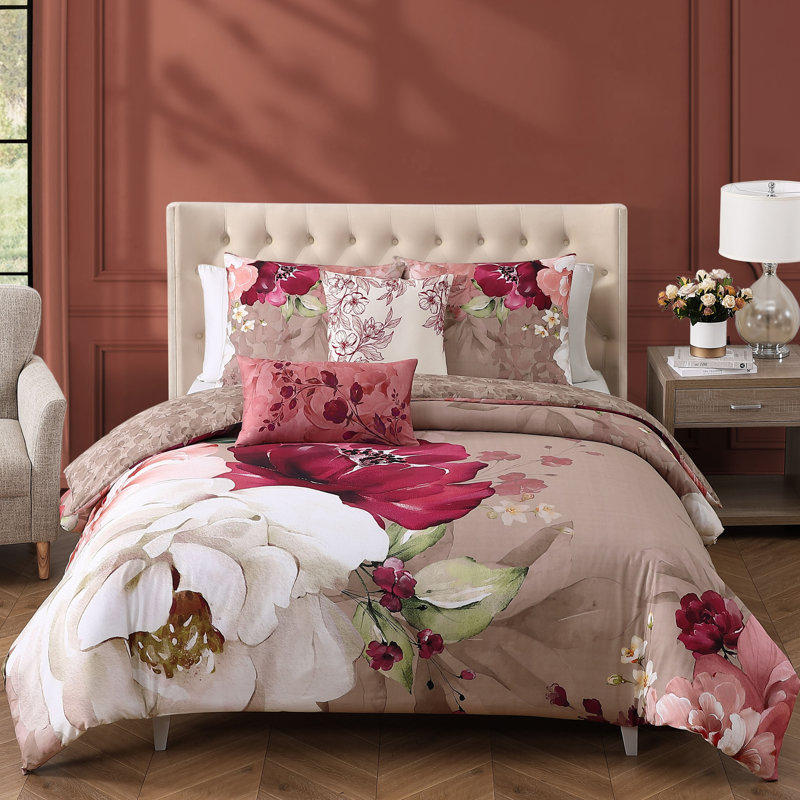 Ensemble d'édredon réversible 100% satin de coton 5 pièces Bebejan Florence, Édredon de très grand lit et 4 pièces additionn