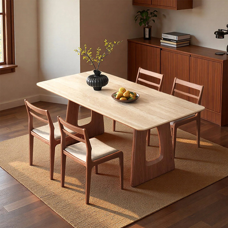 Mid Century Modern Sintered Stone Dining Table, 29.52" H x 59.05" W x 31.49" D, 5 Pieces: Table, 4 Chairs
