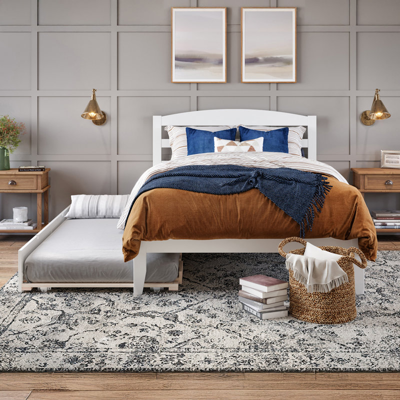 Lit plateforme en bois massif avec lit gigogne Elliana, Blanc, Double