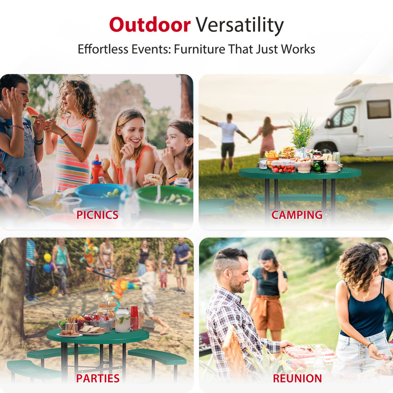 Leisure Craft 46" Round ADA Accessible Outdoor Picnic Table with 3 Bench Seats, Green
