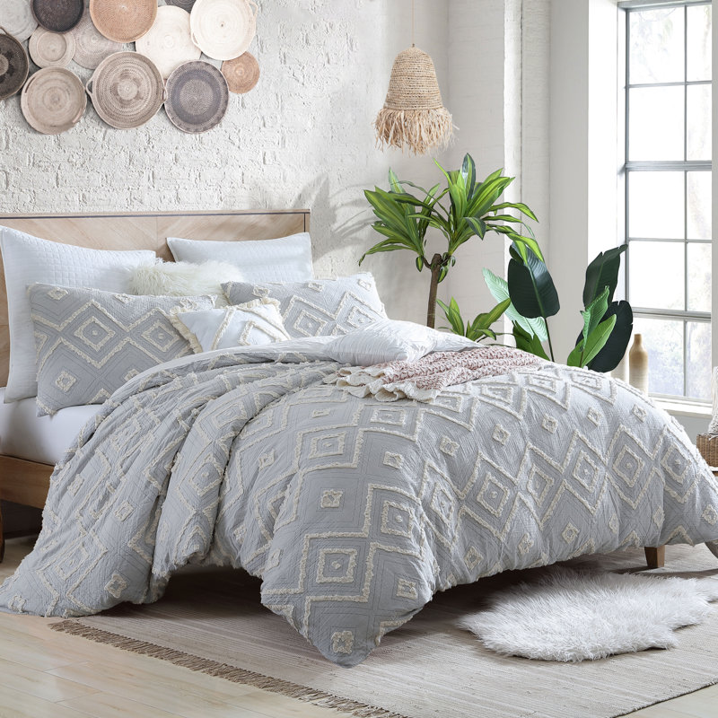 Rukai 100% Cotton Diamond Clip Jacquard 3D Fringe Texture 5-Piece Comforter Set, Light Grey