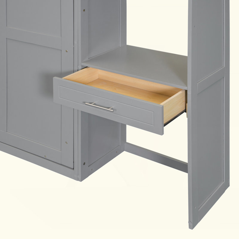 Lit escamotable mural avec bureau, armoire supérieure et tablettes de rangement, lit pliable peu encombrant, Grand lit, Gris