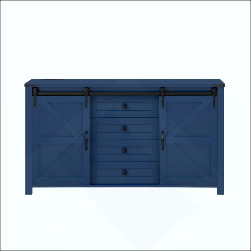 Sideboard With Storage,Farmhouse Storage Cabinet With Sliding Barn Doors And 4 Drawers, Wood Buffet Table With Power Outlet