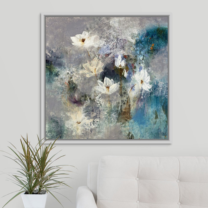 « gathering lilies », peinture sur toile, Cadre flottant blanc, H 31,7 po x l 31,7 po x p 1,75 po