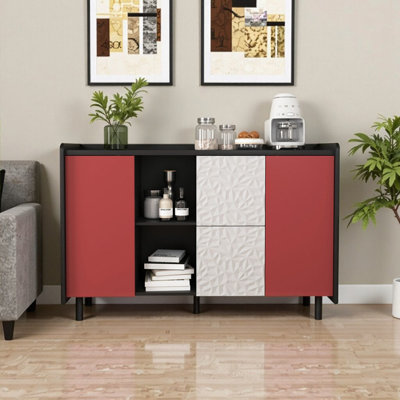 Modern Black & Red Buffet Cabinet with 2 Drawers, Ample Storage - Kitchen, Dining Room Sideboard