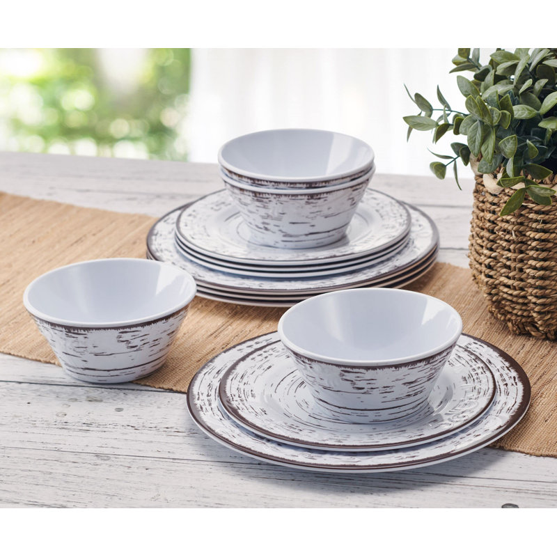 Rustic White Melamine Outdoor Dinnerware Set, Service for 4