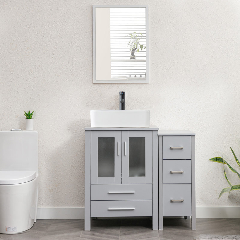 Meuble-lavabo simple 36 po avec plateau en bois manufacturé Breahnna, lavabo vasque, robinet, bonde, Gris, Gris