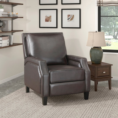 Fauteuil inclinable à assise en bois massif, brun foncé, pieds à structure apparente, similicuir brun, têtes de clou