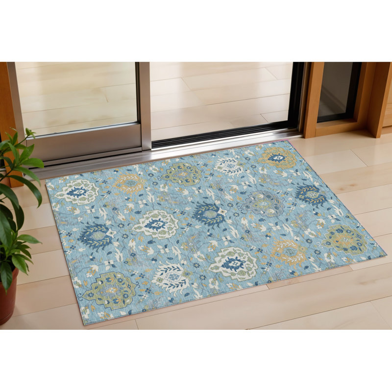 Tapis intérieur lavable ivoire et doré 3 pi x 5 pi bleu ciel